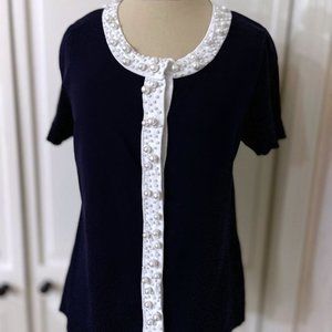 Judith Hart Petites Cardigan Sweater Pearl Beaded Navy White PS Short Sleeve